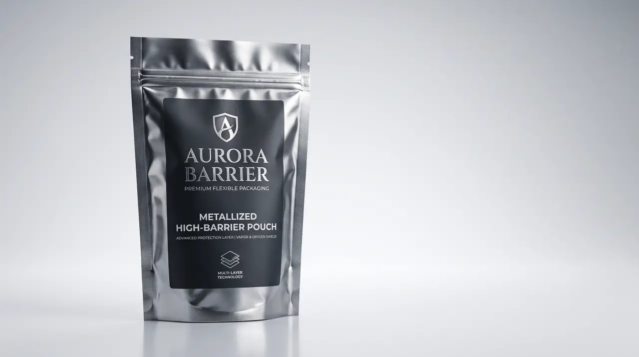 Estructura de empaque flexible de alta barrera con capa metalizada protegiendo alimento sensible al oxígeno