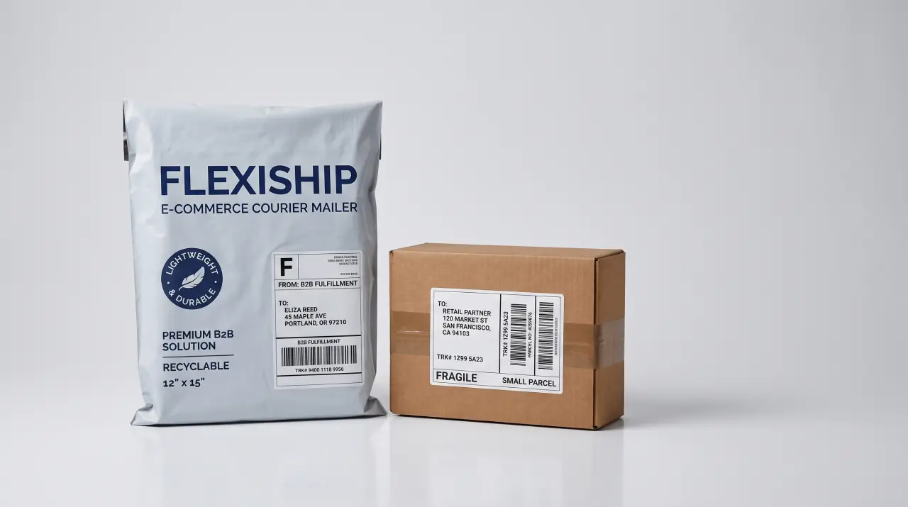 Mailers flexibles impresos para envíos de e-commerce apilados listos para paquetería