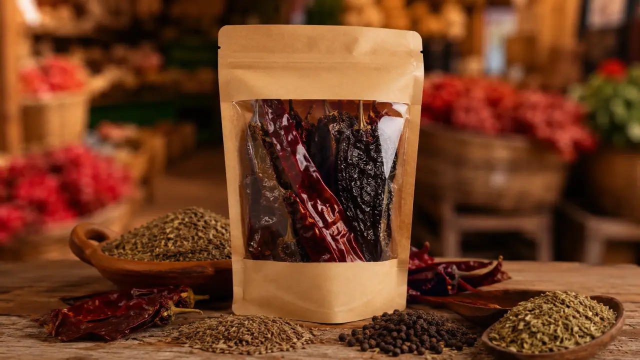 Bolsas metalizadas y con ventana para chiles secos y especias mexicanas
