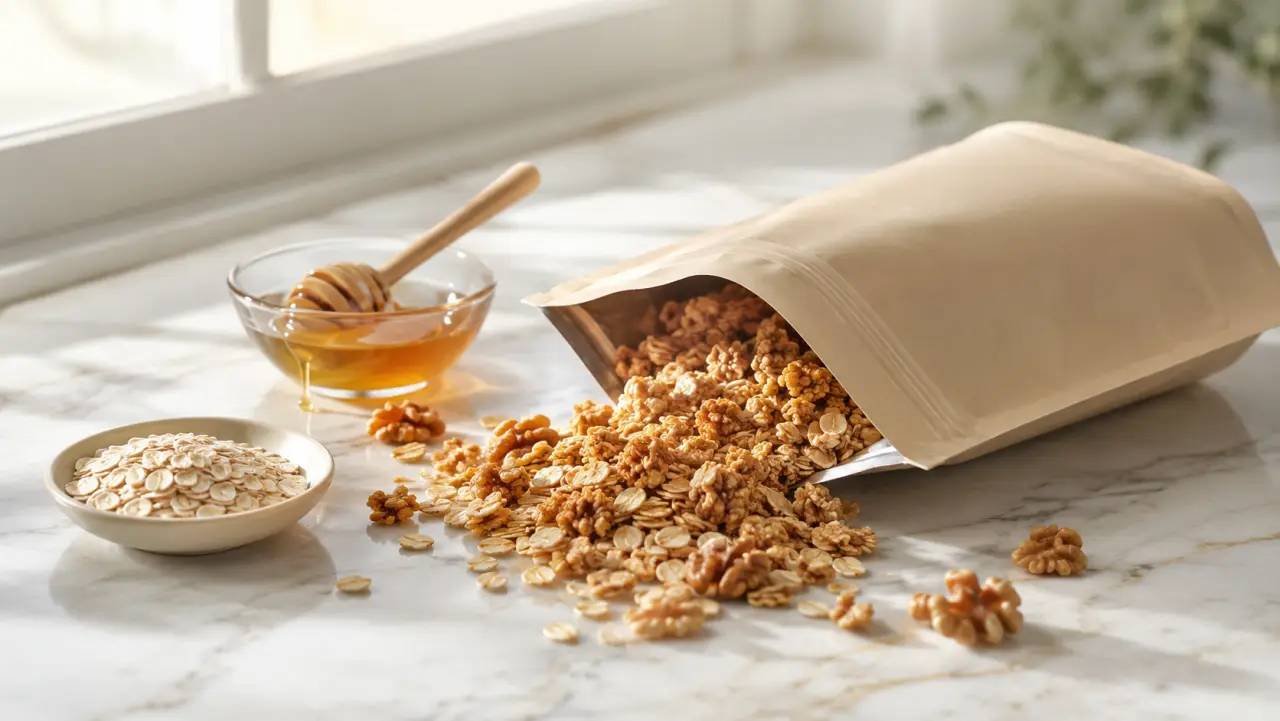 Bolsas stand-up con zipper para granola y cereales con barrera media-alta