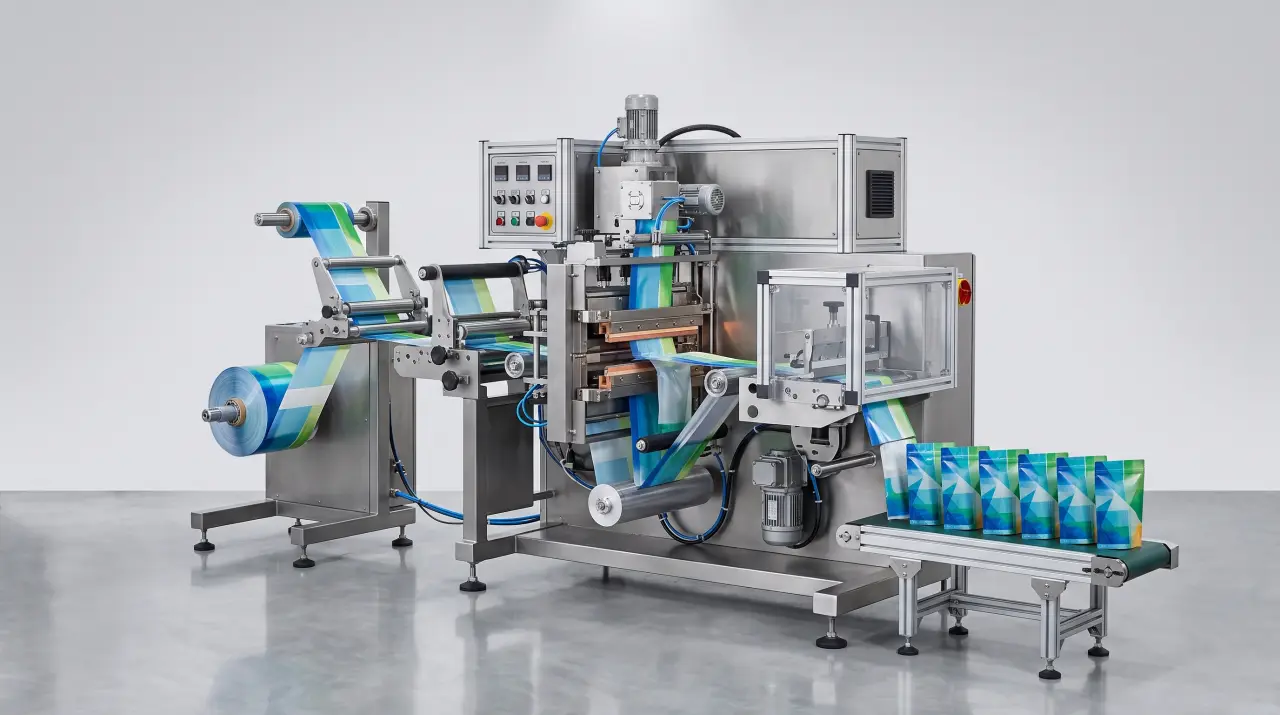 Máquina de bolseo formando bolsas de empaque flexible a partir de bobina impresa