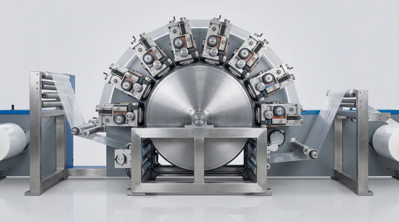 Máquina de impresión flexográfica imprimiendo bobina de empaque flexible a varios colores