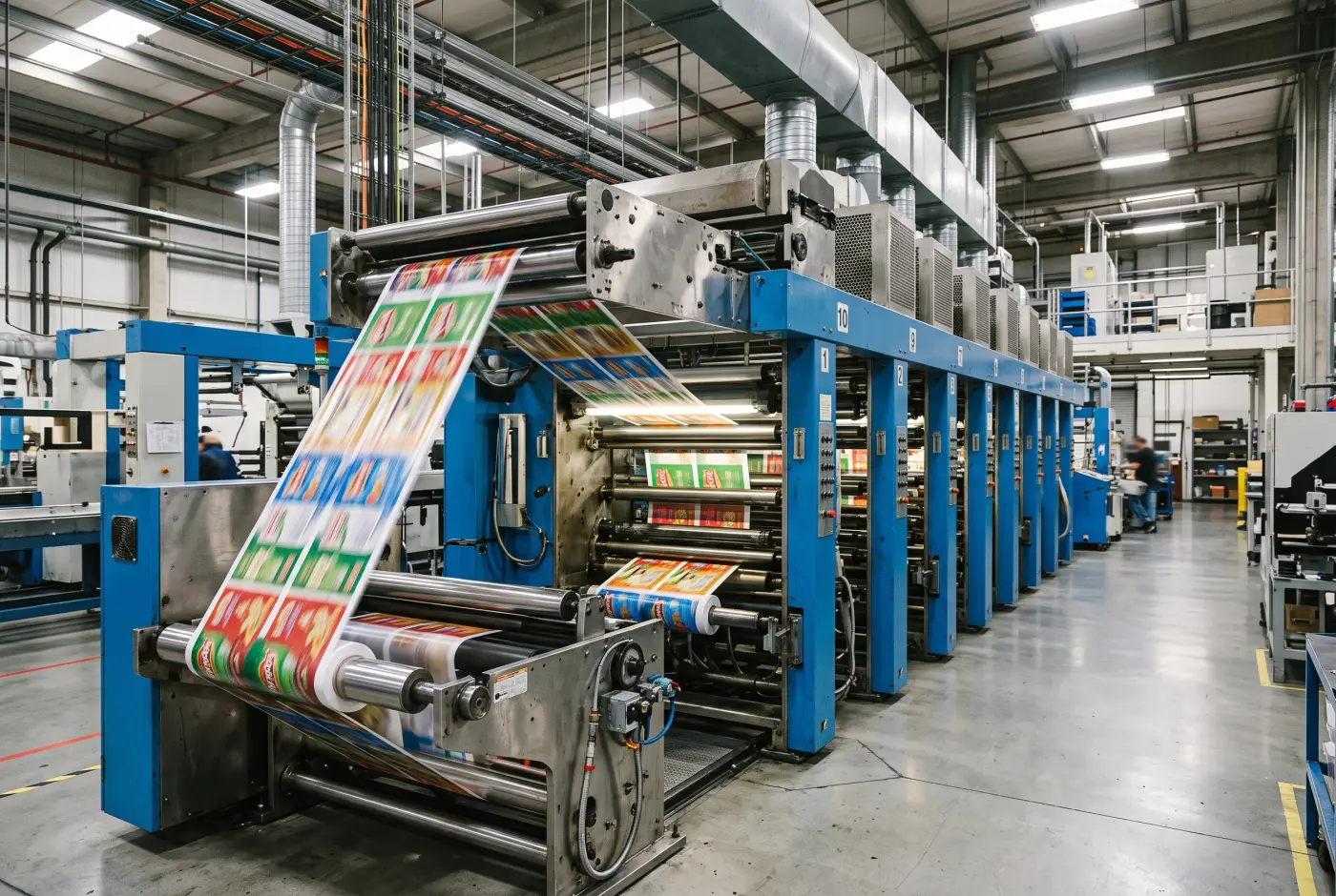 Prensa de rotograbado imprimiendo film flexible a color en planta de conversión